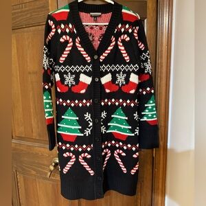 Festive Black Cardigan with Holiday Patterns size medium Christmas